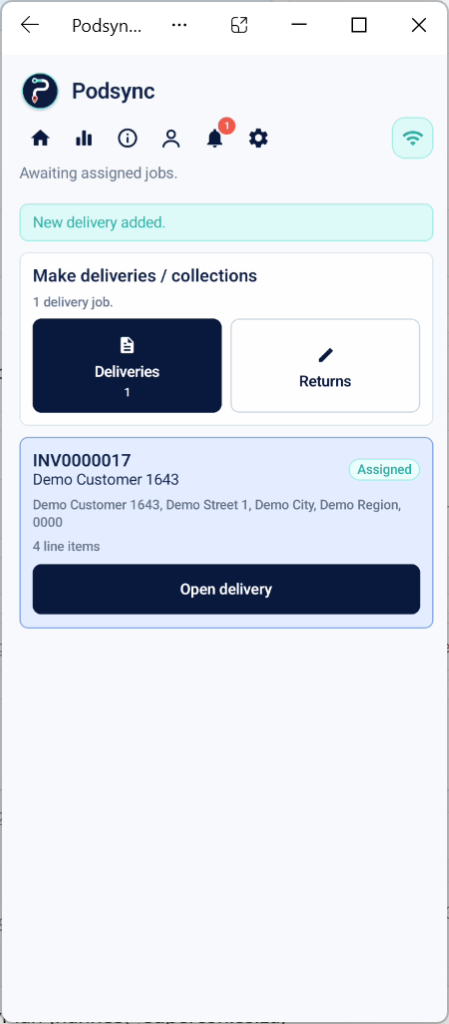 PODsync Driver showing an assigned delivery ready to open.