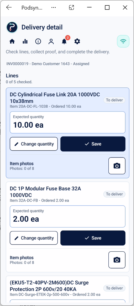 PODsync Driver showing delivery line items and quantity capture.