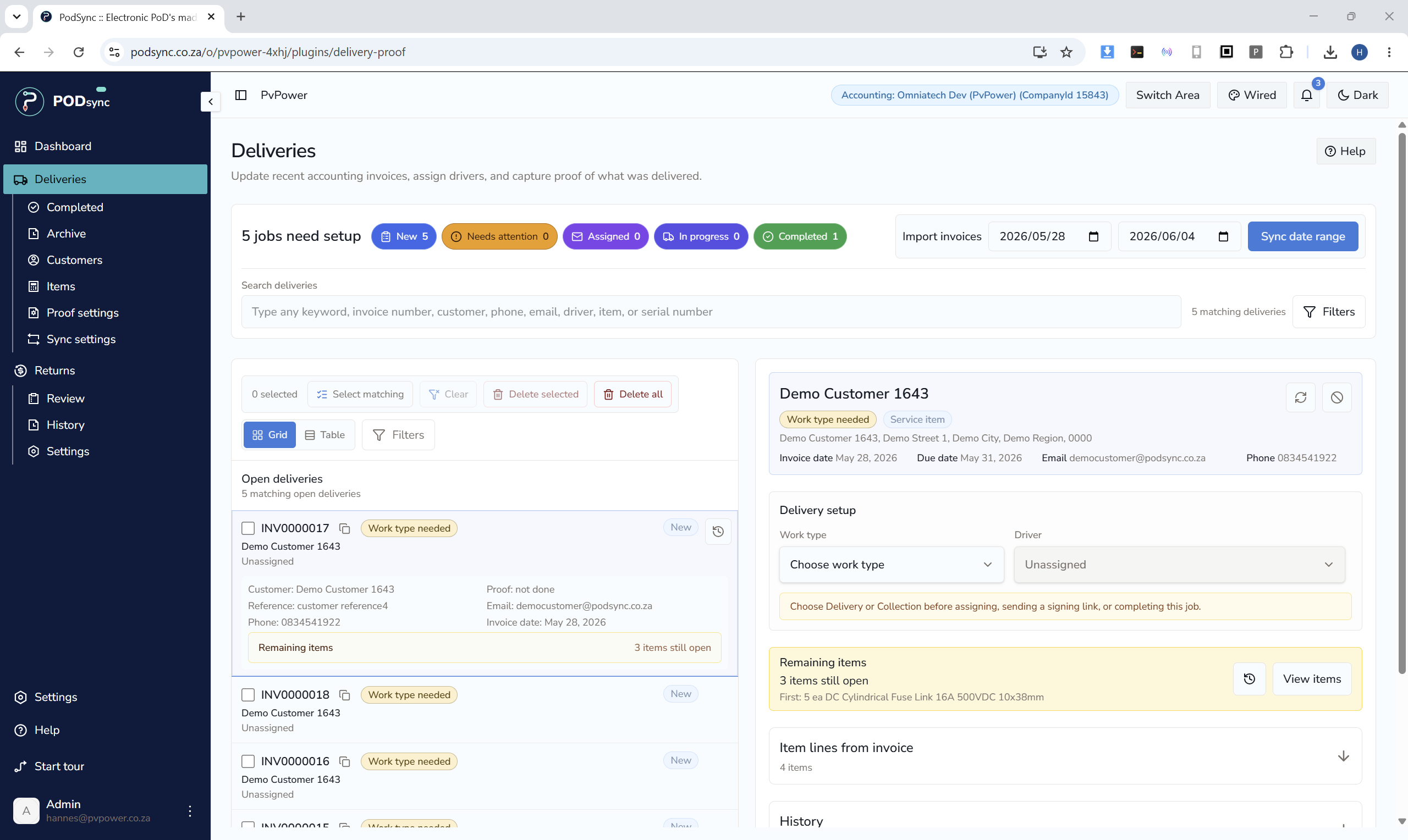 PODsync desktop workspace showing active delivery work and delivery details.