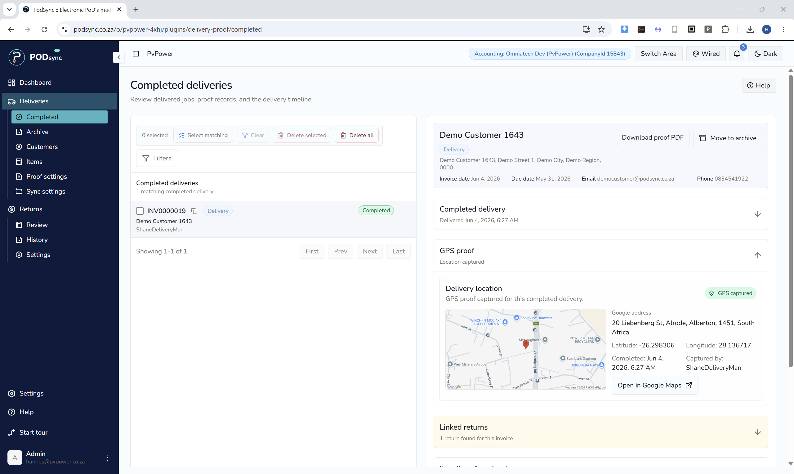 PODsync desktop workspace showing completed deliveries and proof summary details.