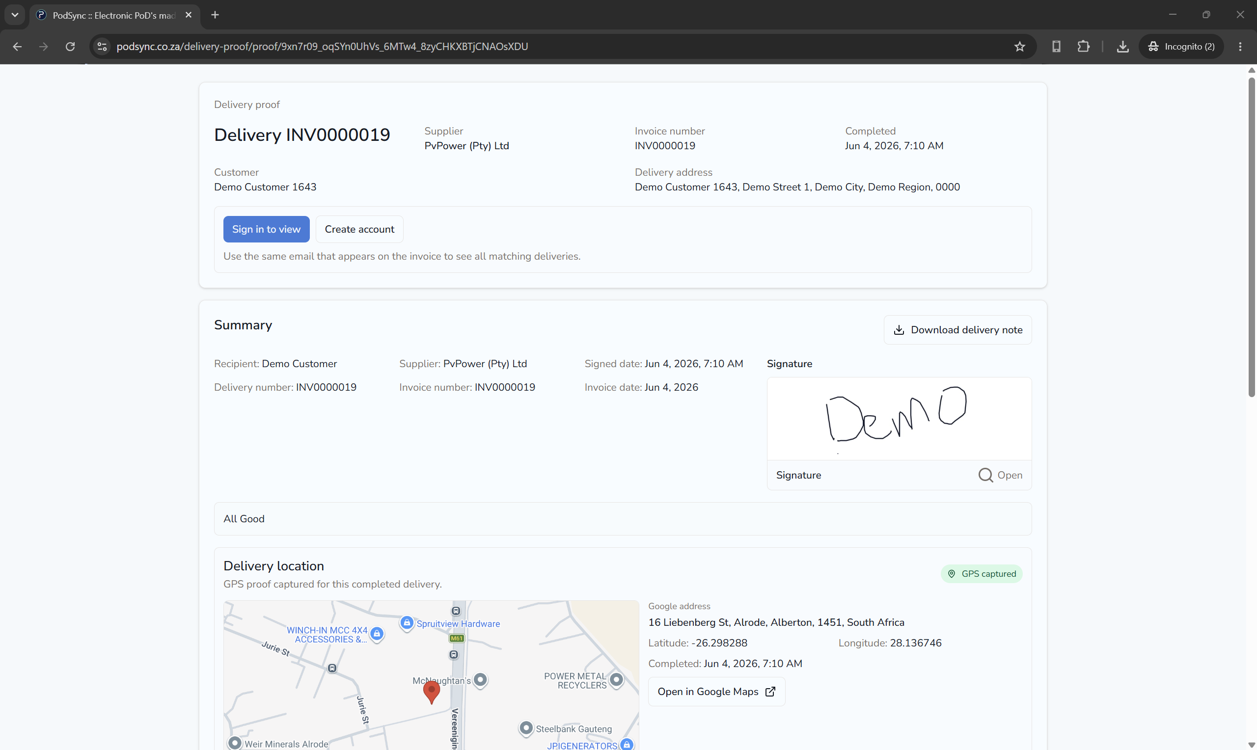 PODsync proof detail page showing signature, map, and delivery summary.