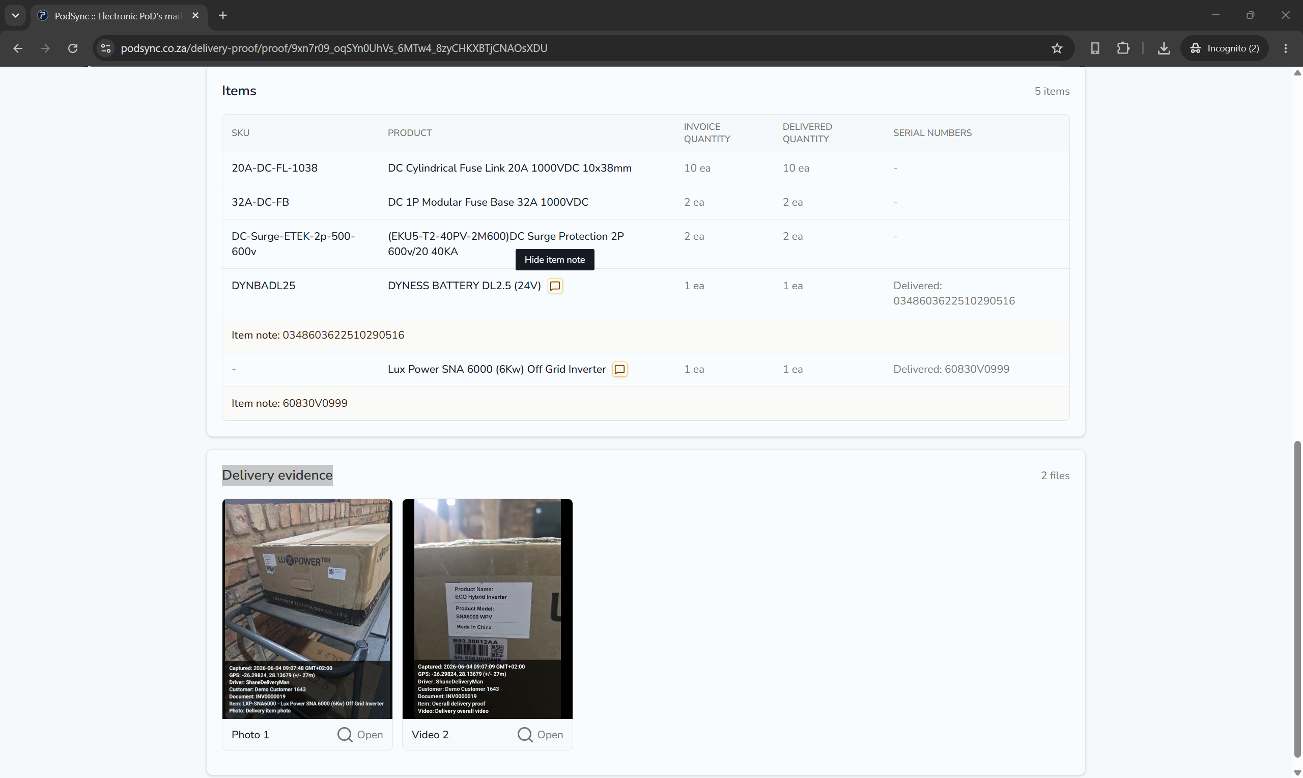 PODsync proof detail page showing item lines and delivery proof photos.
