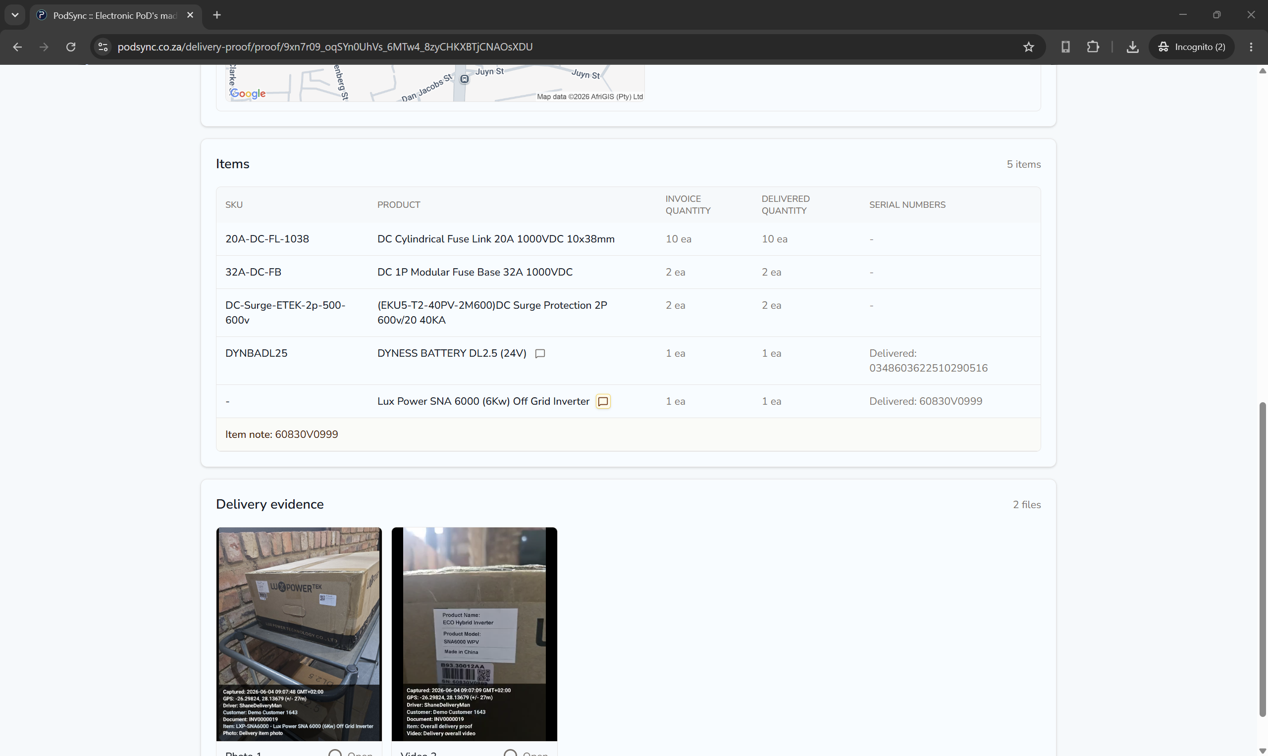 PODsync proof detail page showing delivery evidence photos below item lines.