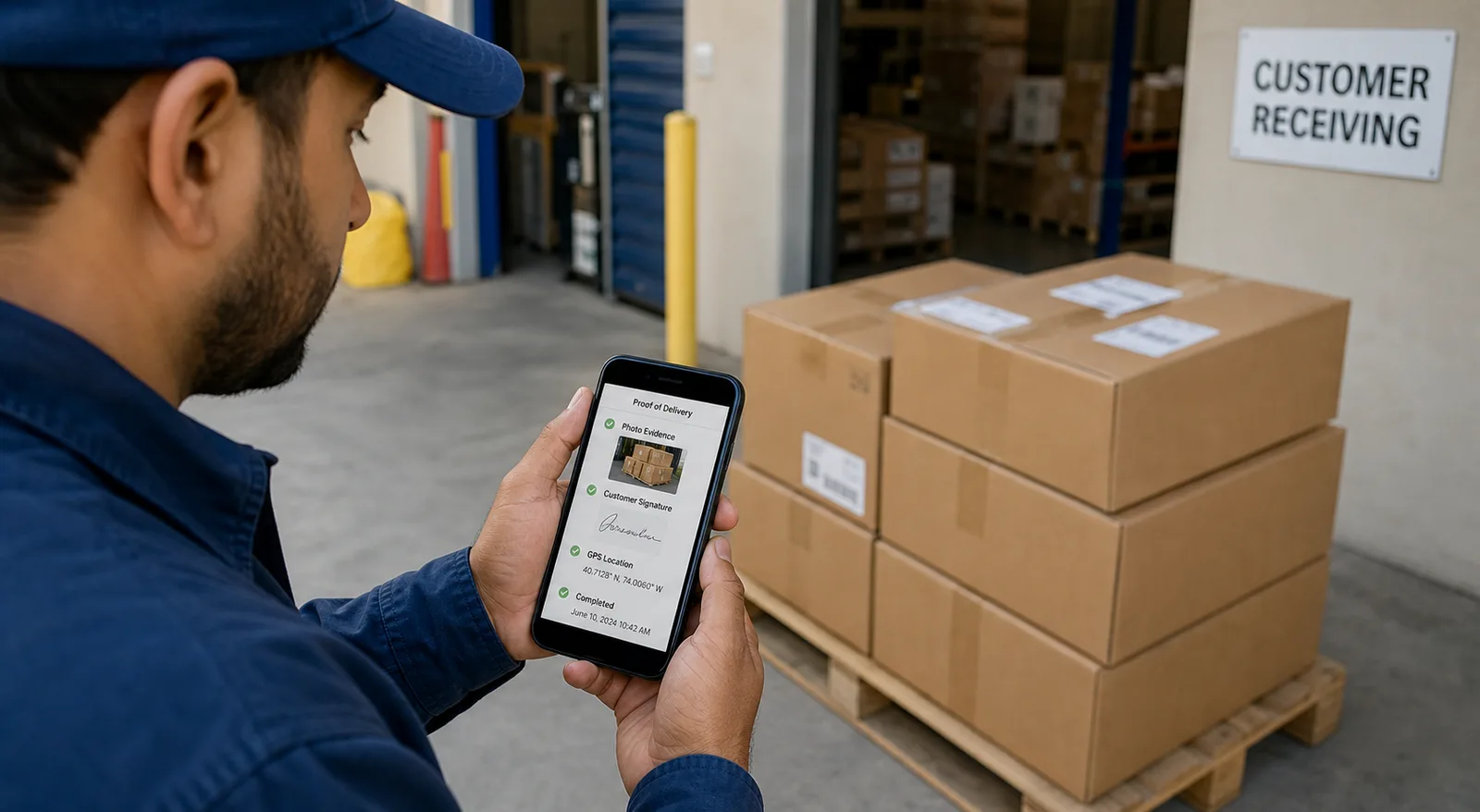 Digital proof of delivery with photos, location, and signature evidence.