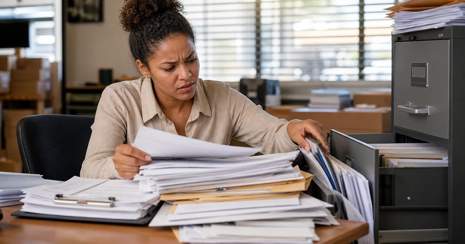 Frustrated admin person searching filing cabinets for a missing delivery note.