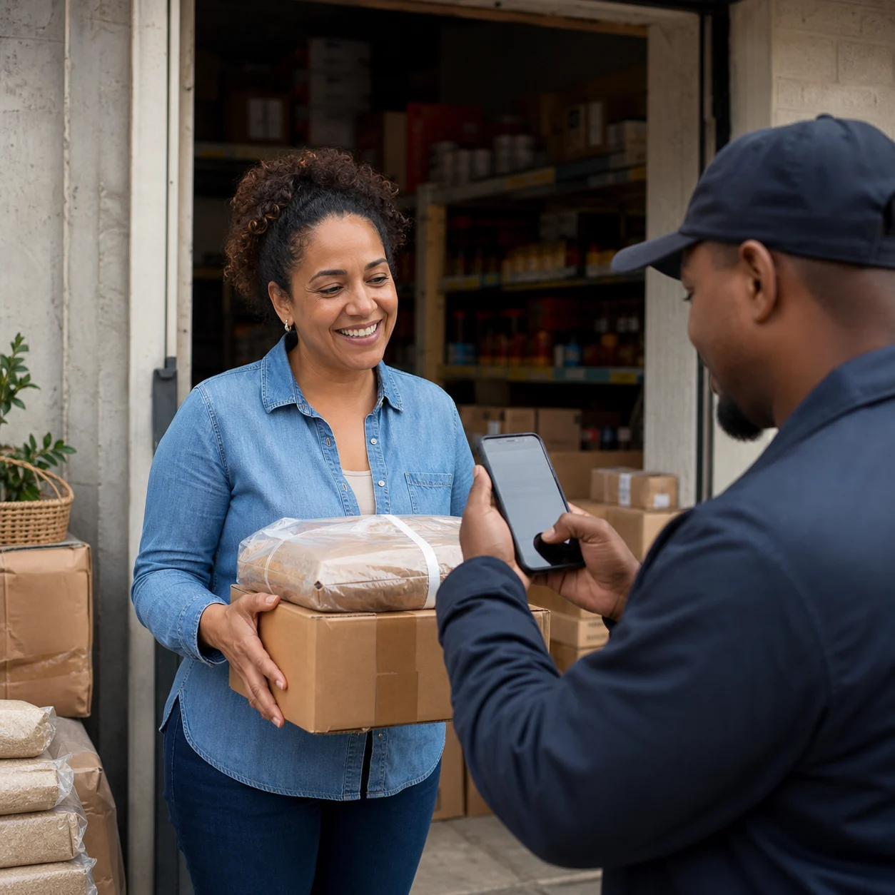 Happy customer receiving a delivery while proof is captured in the Android app.